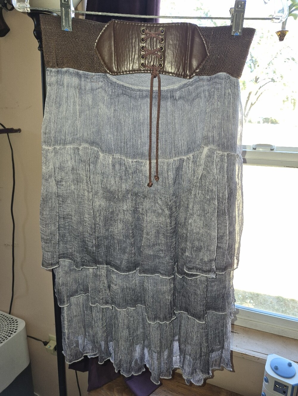 Tiered Crinkle Maxi Skirt with Brown Waist Corset